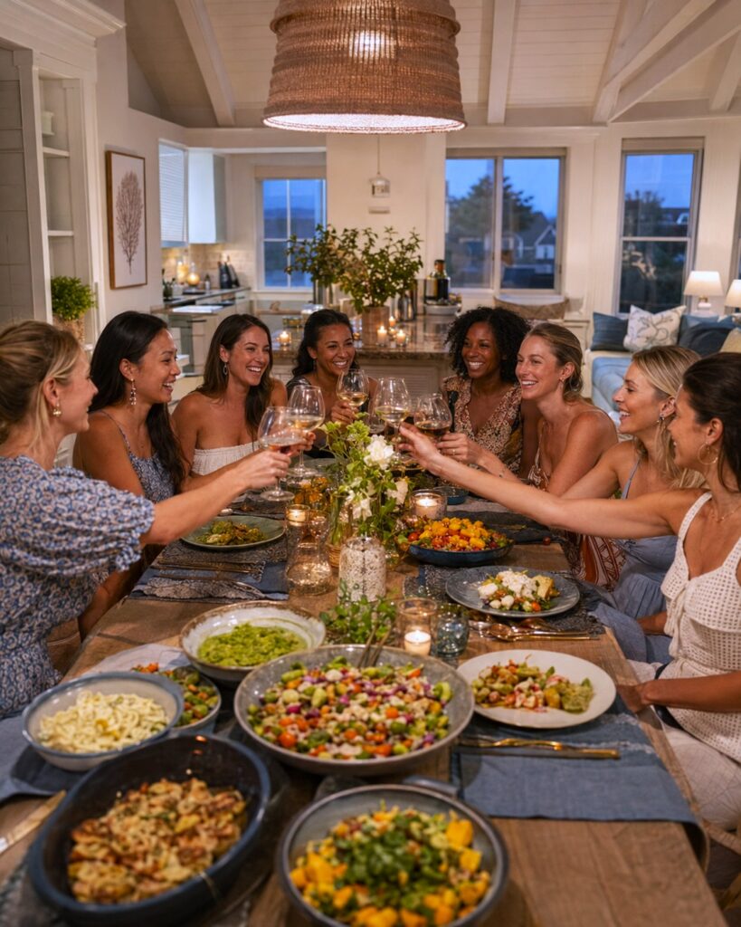 Friends raise their glasses over a private chef-prepared dinner in a Newport vacation rental.