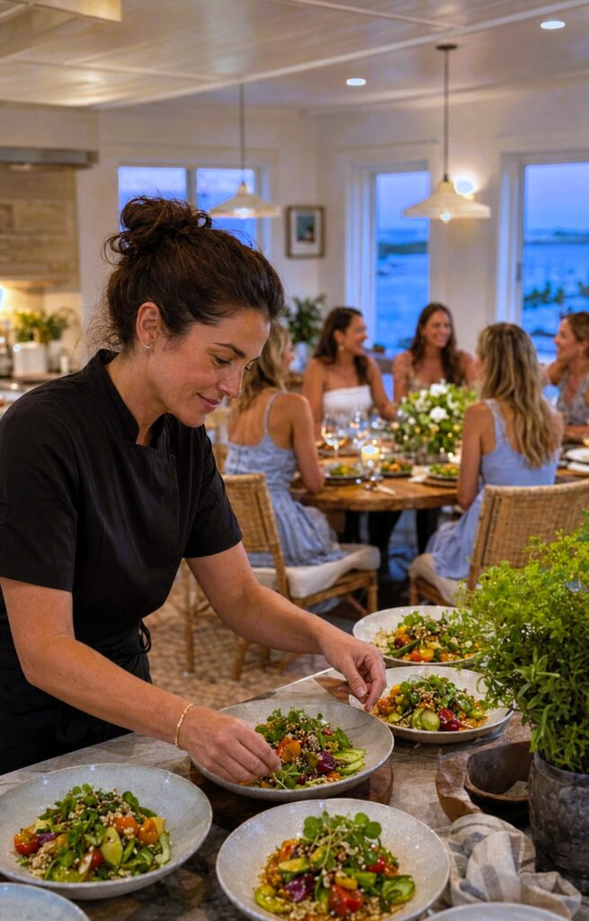 Private chef plates fresh dishes while guests enjoy dinner in a Newport vacation rental.